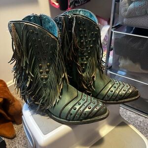 Corral Teal Fringed Studded Ankle Boots